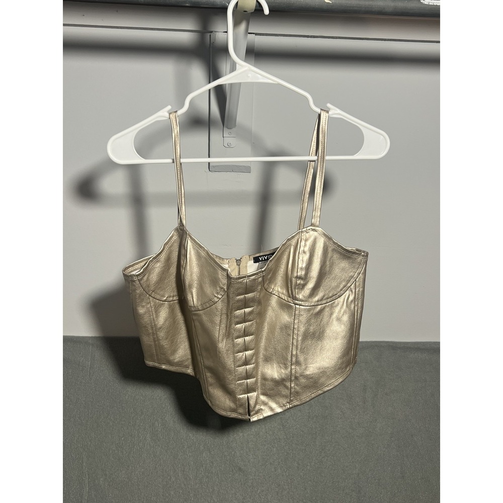 VIVID Women's Gold Metallic Faux Leather Bustier Corset Crop Top‎ XL Spaghetti